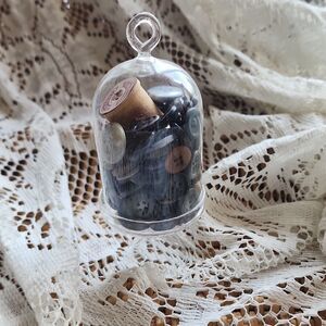Small Glass Cloche Vintage Buttons/wooden Thread Spool Kitschy Collectable
